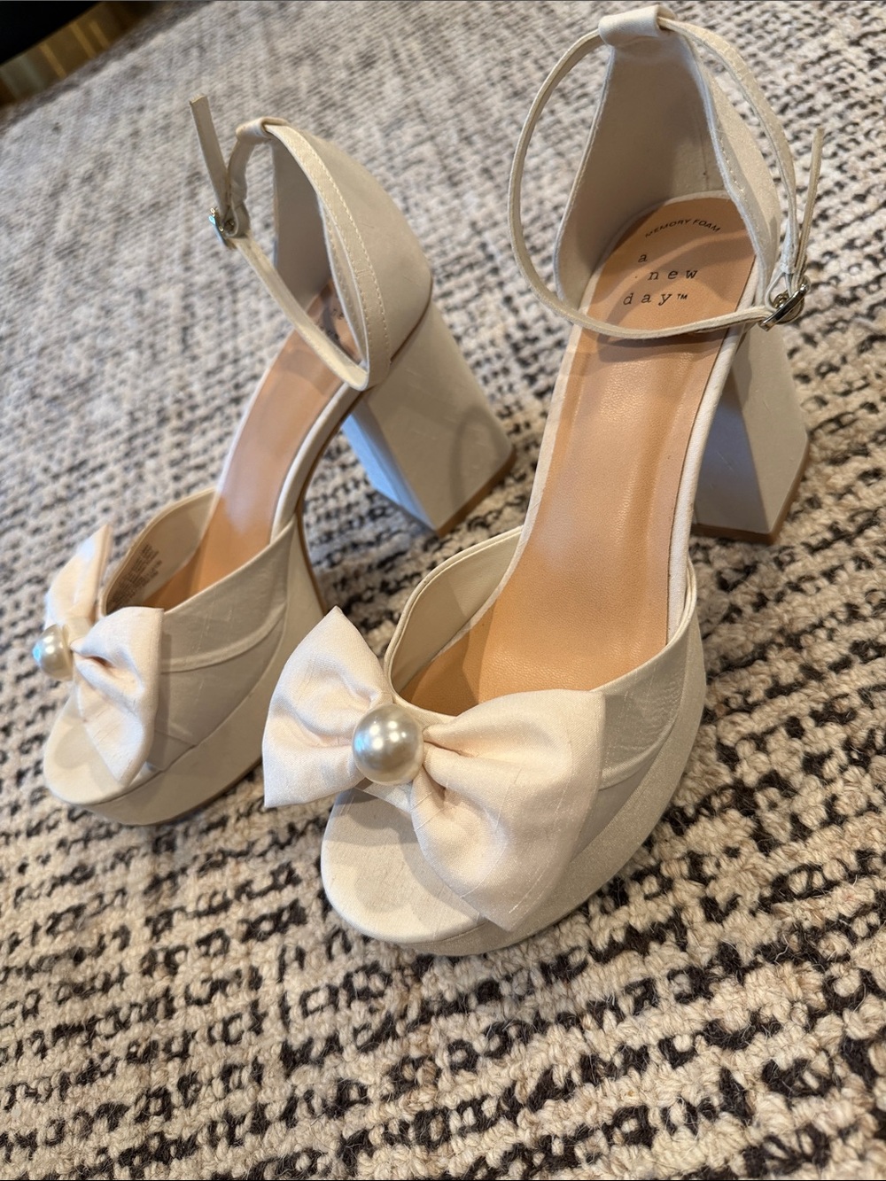 New Day Cream Bow Platform Sandals with Pearl Accent